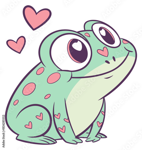 Adorable light green cartoon frog with pink hearts big eyes looking up. Isolated transparent background ( include cut-out PNG file ).