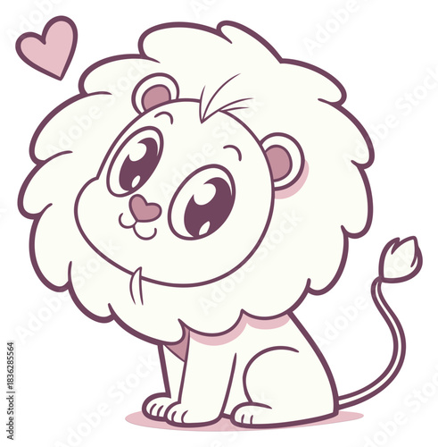 White and pink baby lion with fluffy mane and a loving heart Isolated transparent background ( include cut-out PNG file )