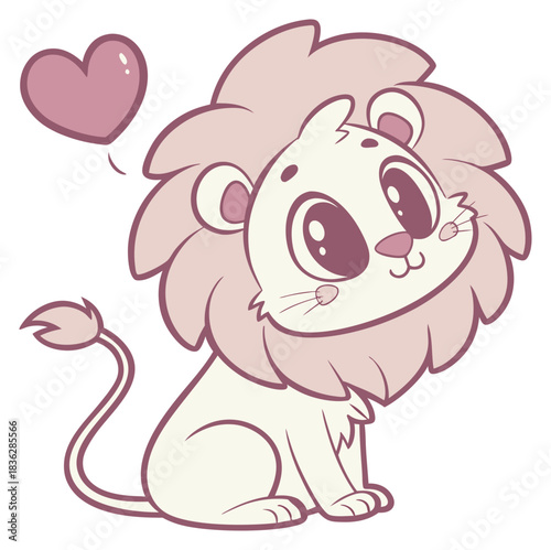 Little baby lion with pink mane sitting and a loving heart Isolated transparent background ( include cut-out PNG file )