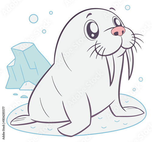 Happy cartoon white walrus sitting on ice with blue iceberg and bubbles. Isolated transparent background ( include cut-out PNG file ).