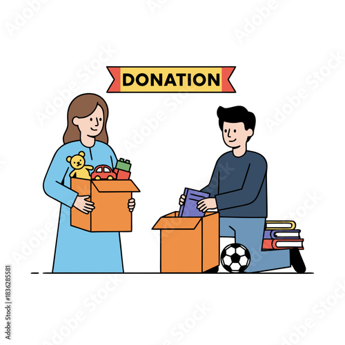 Two People Sorting Donation Items A Woman Holds A Box Of Toys And A Man Places Books And A Soccer Ball Into A Donation Box Under A Banner That Says Donation In A Simple Flat Vector Style