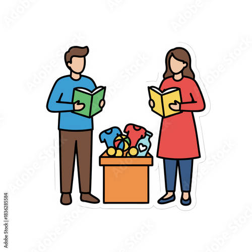 Two people standing with books and a donation box filled with clothes and toys