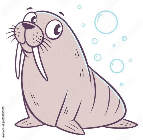 Adorable cartoon walrus with long tusks big eyes and bubbles looking surprised. Isolated transparent background ( include cut-out PNG file ).
