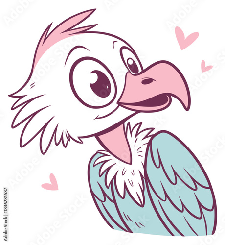 Funny cartoon vulture bird looking happy with big eyes pink beak and hearts. Isolated transparent background ( include cut-out PNG file ).