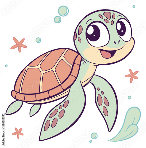 Delightful cartoon sea turtle swimming with starfish bubbles and a friendly smile. Isolated transparent background ( include cut-out PNG file ).