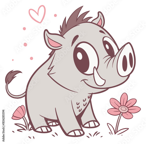 Happy cartoon baby warthog smiling big eyes tusks and pink flower heart. Isolated transparent background ( include cut-out PNG file ).
