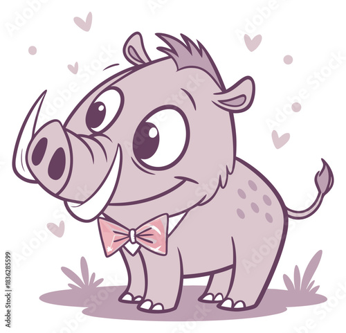 Dashing cartoon warthog big eyes sharp tusks and a charming pink bow tie. Isolated transparent background ( include cut-out PNG file ).