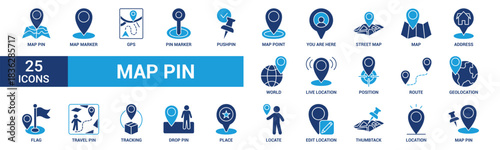 Map pin icon set. Containing location, map marker, address, position, tracking, geolocation, place and more. Solid vector icons collection.