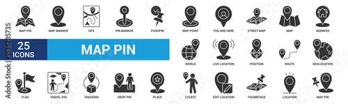Map pin icon set. Containing location, map marker, address, position, tracking, geolocation, place and more. Glyph vector icons collection.
