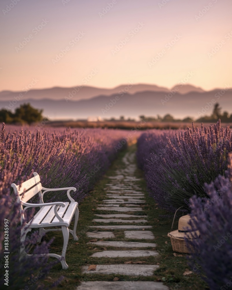 Naklejka premium Serene Lavender Field Path with White Bench and Basket at Sunrise Tranquil French Countryside