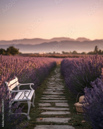 Serene Lavender Field Path with White Bench and Basket at Sunrise Tranquil French Countryside