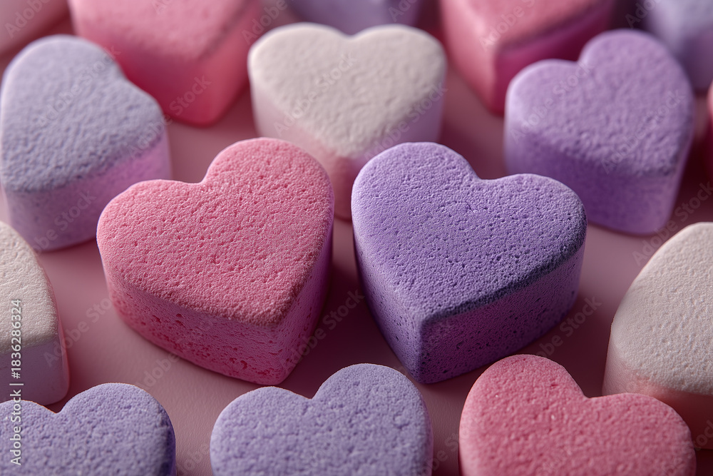 Obraz premium Colorful heart-shaped bath bombs arranged in pastel collection display