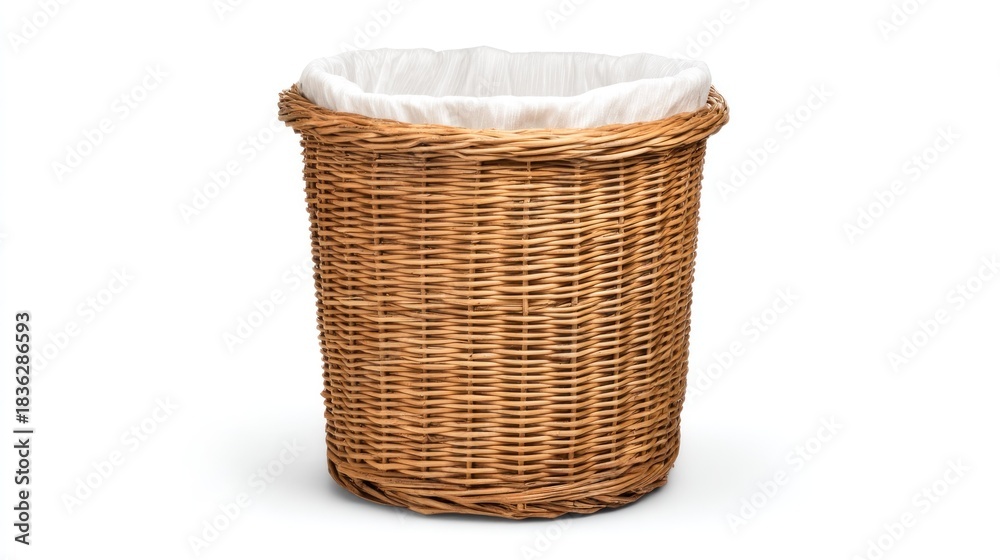 Obraz premium A wicker laundry basket with a white cloth liner, isolated on a white background.