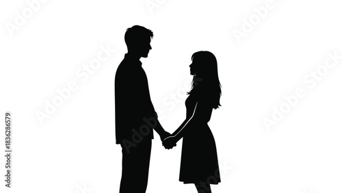 Couple holding hands in silhouette against white background