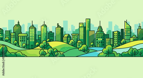 Green cityscape vector illustration with buildings, trees, and rolling hills