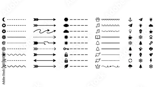 Decorative Divider and Symbol Icon Set Featuring Stars, Clouds, Locks, and Musical Notes – Ideal for Graphic Design, Document Styling, and Thematic Accents in Presentations, Layouts, and Branding 