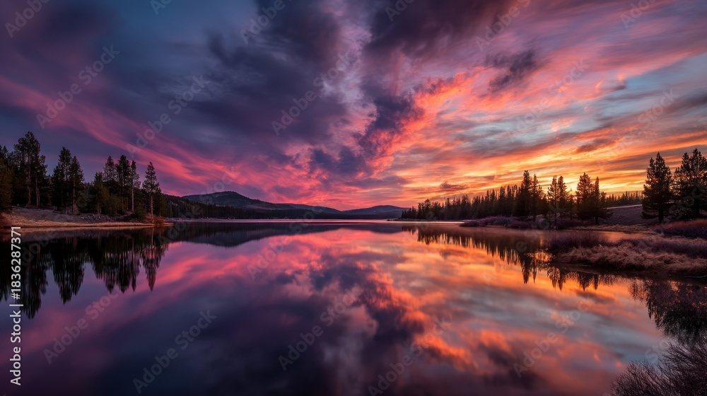 Obraz premium A serene lake at sunset with vibrant clouds reflecting on the water's surface, surrounded by trees and mountains in the distance.