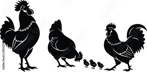 Rooster Hen and Chicks Farm Animal Silhouettes Set in Black Profile Style