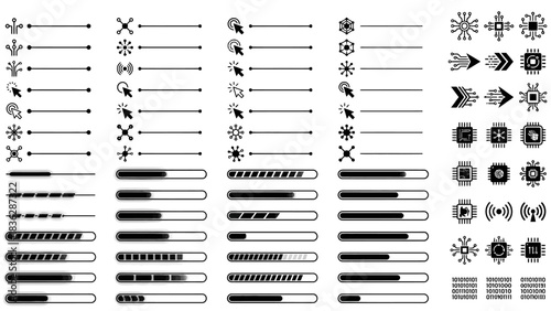 Loading and Progress Indicator Icon Set Featuring Circular Spinners, Horizontal Bars, and Gear Motifs – Ideal for UI Design, App Interfaces, and Visual Feedback in Digital Products and Web Platforms