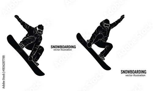 Dynamic snowboarder silhouettes executing jumps and tricks, vector art.