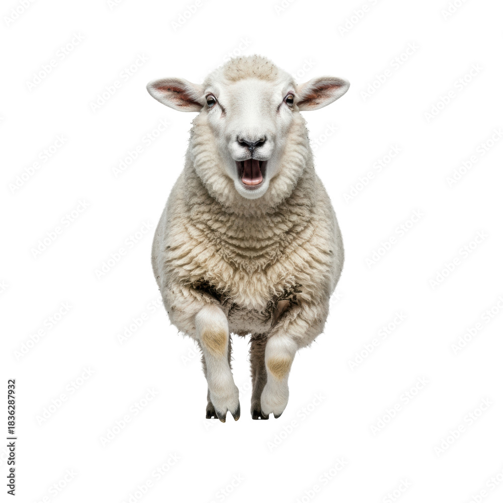 Fototapeta premium a young domestic sheep with transparent wool and a comical open-mouth laugh expression leaping dynamically towards the wide-angle camera on a clean studio background. Concept for viral humor and