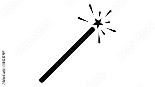 Black magic wand with starburst effect, symbolizing fantasy, illusion, and enchantment, isolated on white background