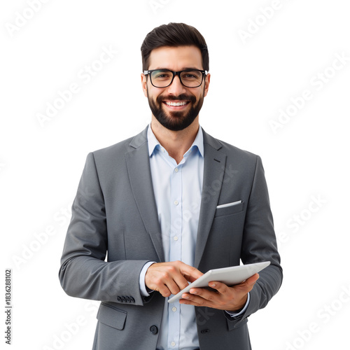 Approachable Young Businessman in Grey Suit and Glasses Holds Silver Tablet Against White Background — Warm Smile, No Tie, Confident Gaze — Perfect Symbol of Tech-Savvy Leadership, Digital Transformat