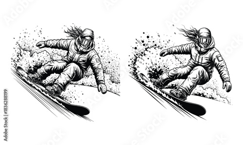 Snowboarder in dynamic action with a splash of snow on pristine background