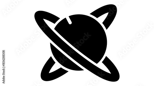 Stylized black planet with orbiting rings icon, abstract cosmic symbol representing space exploration, astronomy, and gl
