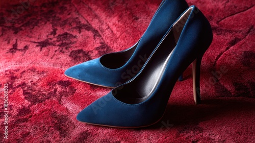 A pair of blue high-heeled shoes on a red velvet carpet.