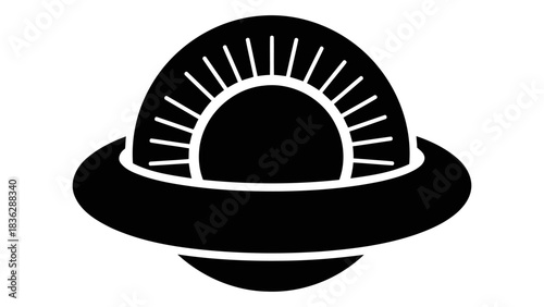 Stylized black silhouette of a sun rising within a ufo or flying saucer shape, isolated on white.