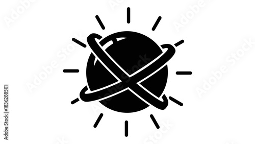 Stylized sun with orbiting rings around a central sphere, representing cosmic energy, science, and celestial bodies in a