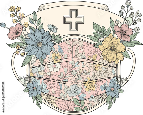 Decorative Floral Medical Mask with Healthcare Cross Symbol in Elegant Line Art Style
