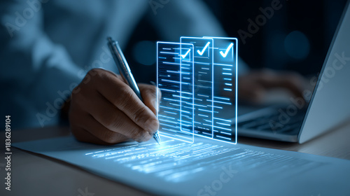 Person signing digital document with pen and laptop digital signature electronic document