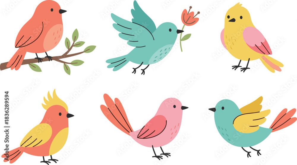 Naklejka premium Colorful cartoon birds, cute flying and perched birds, children’s illustration, playful animal art, decorative bird characters