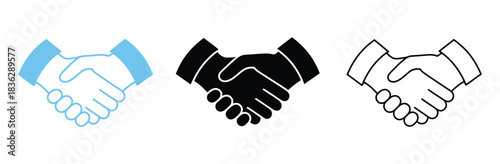 Handshake icon set with business agreement and partnership illustrations, including friendly deal symbols