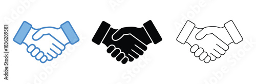Handshake icon set with business agreement and partnership illustrations, including friendly deal symbols