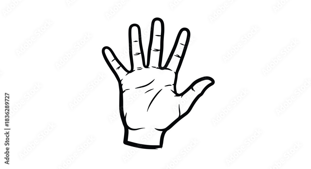 Obraz premium Simple black and white line art of an open palm hand showing five fingers, a gesture for stop, high five, or counting.