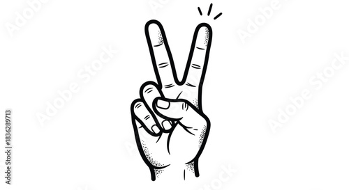 Black and white illustration of a hand making the peace sign or victory gesture with two fingers raised on a plain background.