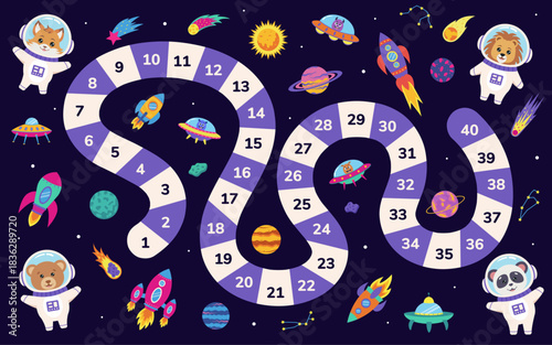 Step by step board game. Maze puzzle of fantasy board games for kids. Space and animals astronauts concept. Template of strategy boardgame for children.
