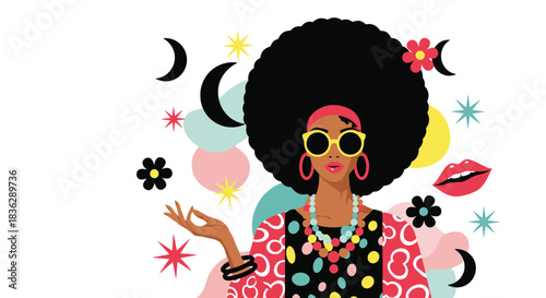 Vibrant pop art illustration of a stylish Black woman with a large afro, sunglasses, and colorful attire on a decorative background.