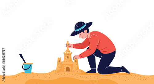Vector illustration of a person wearing a hat and kneeling on the beach while carefully building a detailed sandcastle with a bucket nearby.