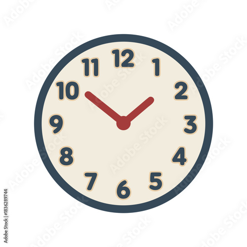 Vintage Clock Face with Red Hands Indicating Ten Past Two On A Cream Background With Blue Border