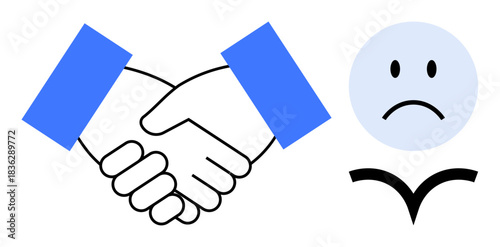 Business handshake concept. Handshake agreements and collaboration. Sad face reflects dissatisfaction. business, communication, conflict resolution, workplace, partnerships