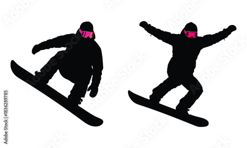 Two dynamic snowboarder silhouettes with bright pink goggles, extreme sports action