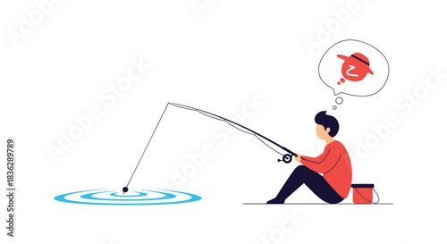 Person sitting and fishing patiently in a pond, with a fishing rod in the water and dreaming of a catch in a thought bubble.