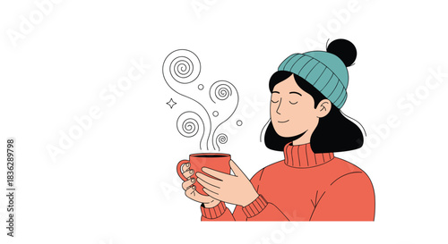 Cozy illustration of a person wearing a winter hat and sweater, smiling with eyes closed while enjoying a warm steaming beverage.