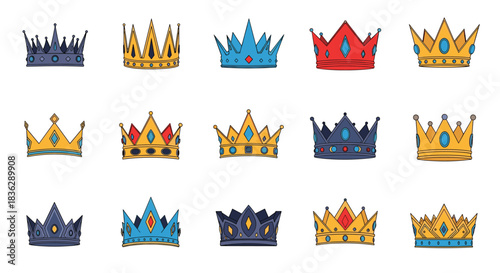 Colorful collection of various royal crowns with jewels, illustrated in a doodle style for kings, queens, and royalty concepts.