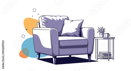 Modern illustration of a cozy armchair with a pillow, next to a small table with a plant, books, and a cup of coffee.