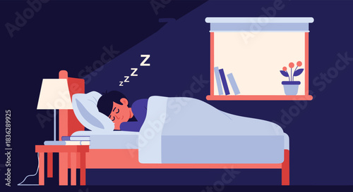 Illustration of a person sleeping peacefully in bed at night, with a lamp on the nightstand and a window in the background.